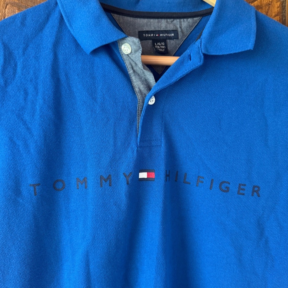 Tommy Hilfiger Polo Shirt Boys L 16/18 Blue Short Sleeve Logo Pique Sustainable